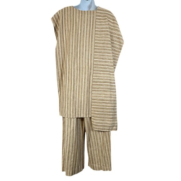 Vtg Melinda Phillips S/M Beige 100% Silk  Asymmetrical Striped Two-Piece Outfit - Picture 2 of 11